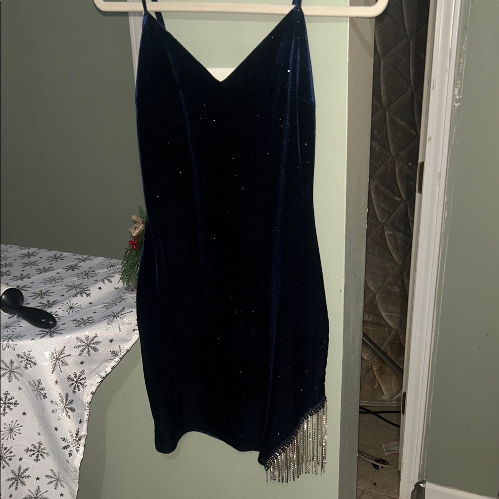 Elegant Navy Blue Dress with Fringe Detail